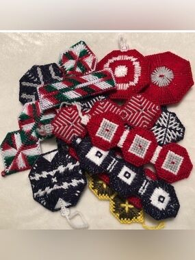 Vintage Handmade Plastic Canvas Needlepoint Christmas Ornaments - Set of 16